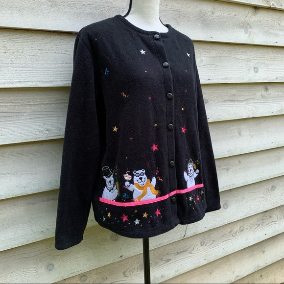 Vintage Black Fleece Polar Bear Appliqué Long Sleeve Button Up Cardigan Sweater - Picture 2 of 16